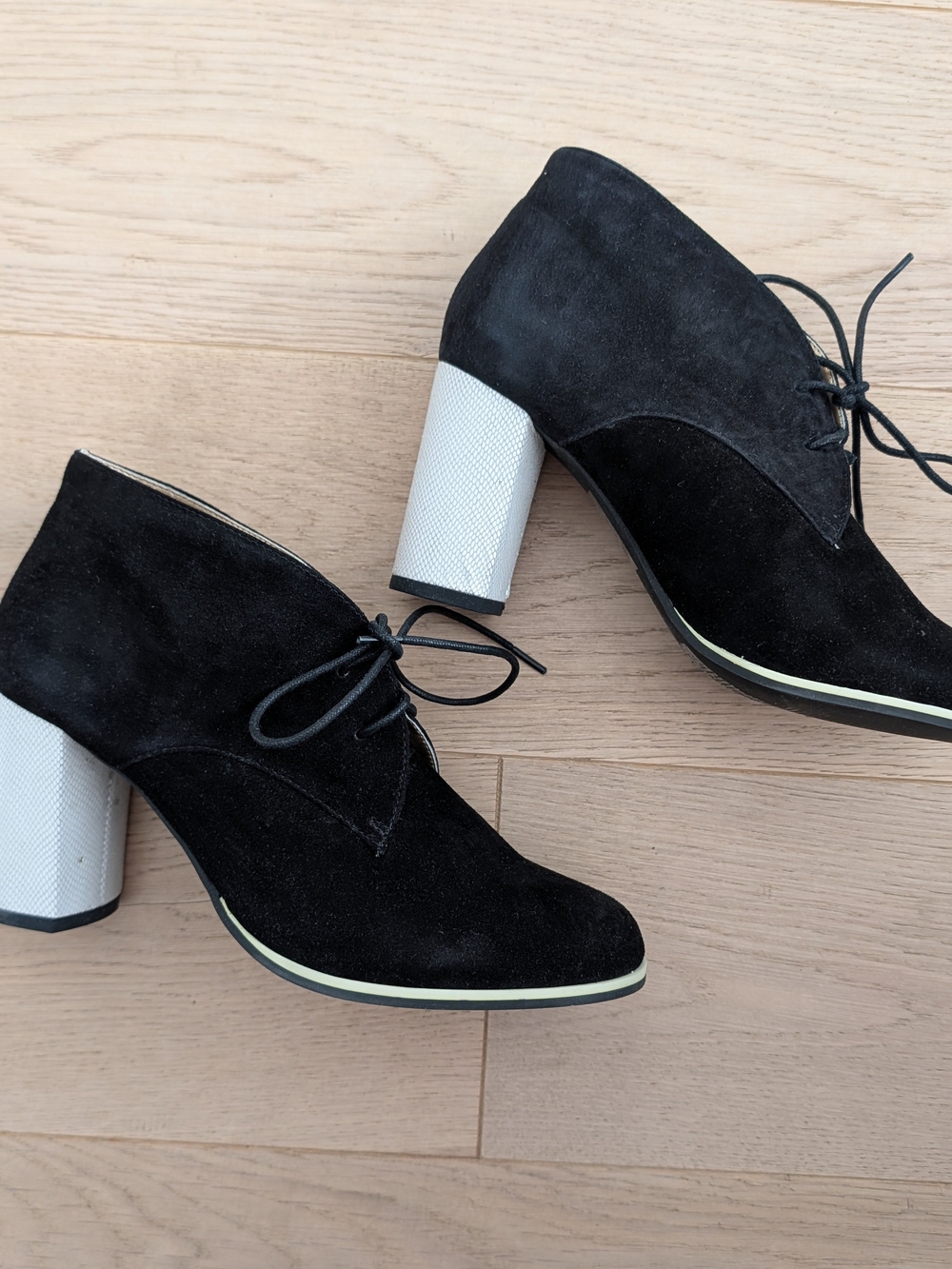Joe Fresh Black Suede Lace-Up Ankle Boots with White Block Heel
